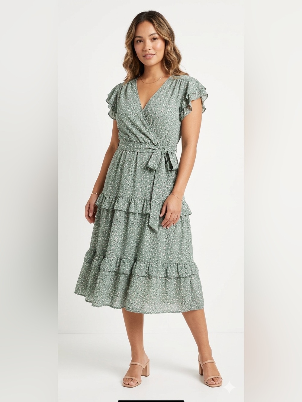Monteau LA Ditsy Floral Wrap Style Tiered Midi Dress Sage Green Size Medium
